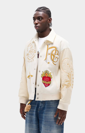 Snap button closure on Rich Gainer varsity jacket.