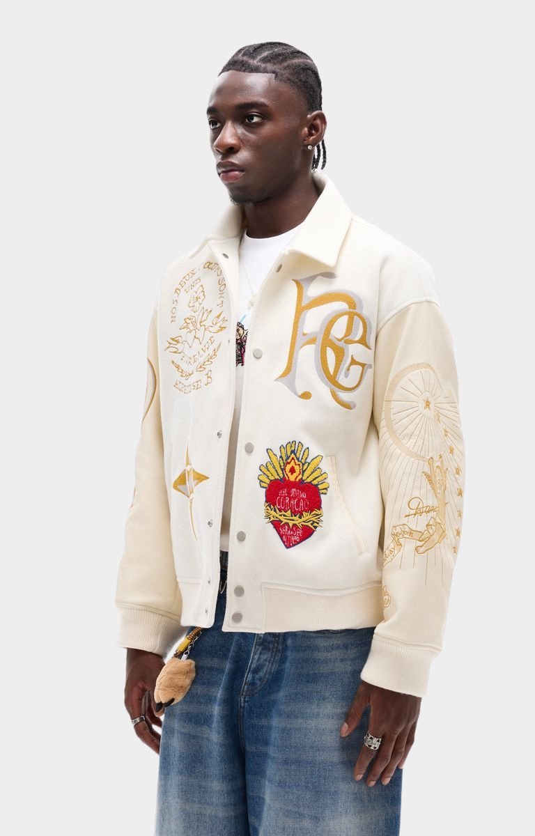 Snap button closure on Rich Gainer varsity jacket.