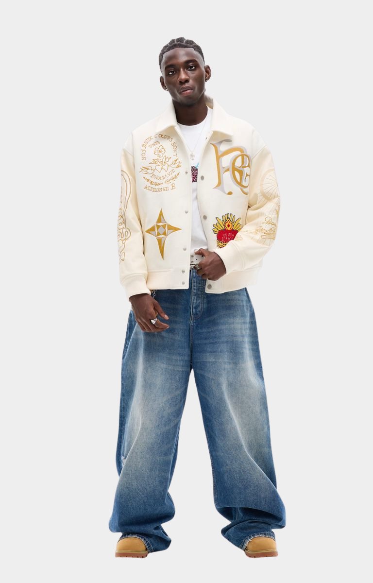 Styled outfit featuring Rich Gainer White Dove varsity jacket.