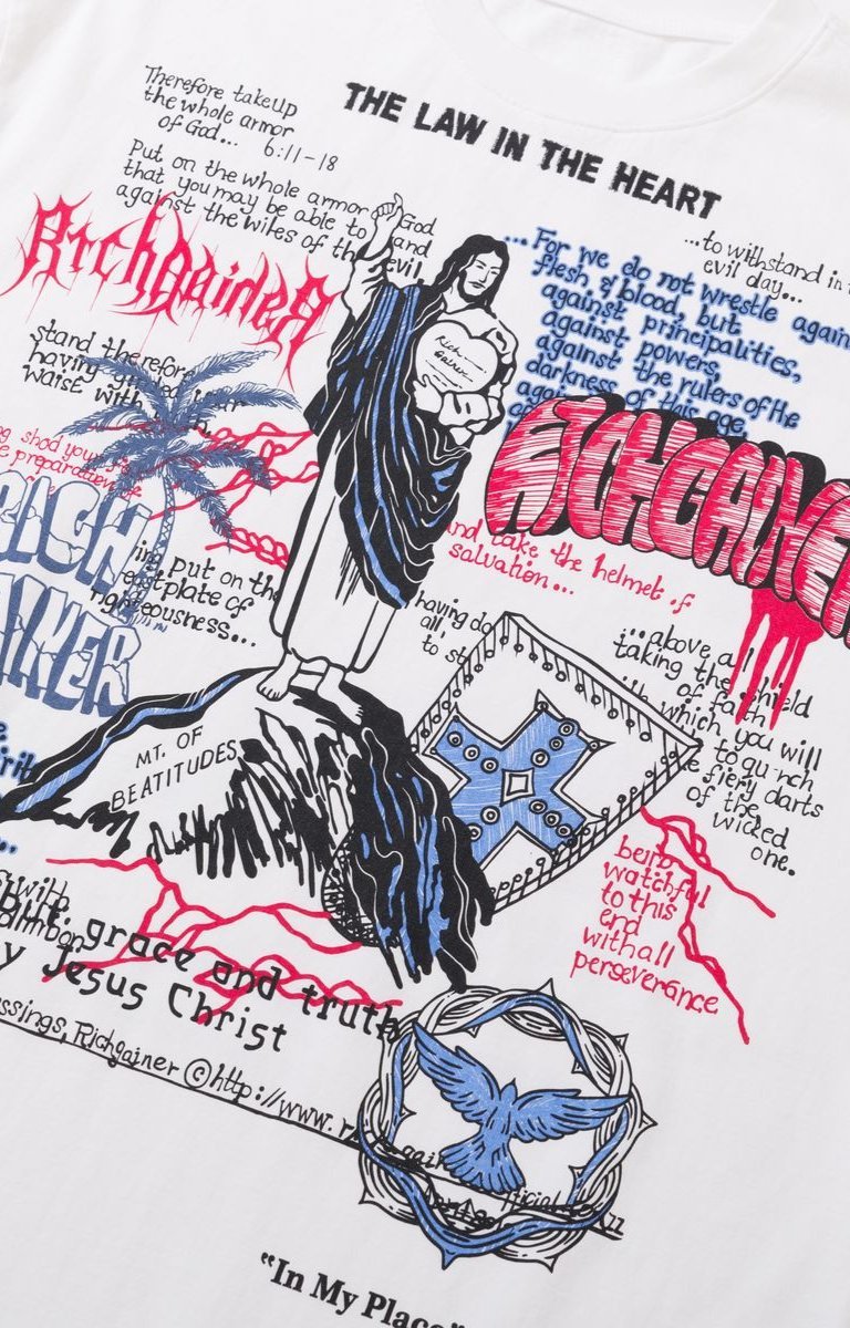 Detailed back graphic print on Rich Gainer white Jesus t-shirt.