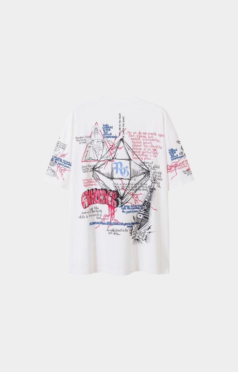 Rich Gainer white Jesus graphic t-shirt back view with religious artwork.