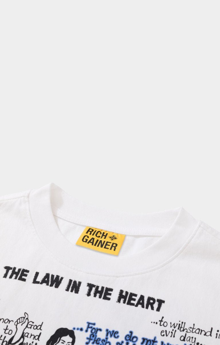 Crewneck collar detail on Rich Gainer white graphic t-shirt.