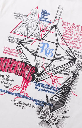 Close-up of religious graphic artwork on Rich Gainer white Jesus tee.