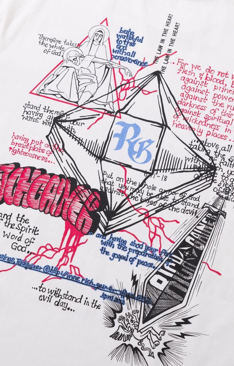 Close-up of religious graphic artwork on Rich Gainer white Jesus tee.
