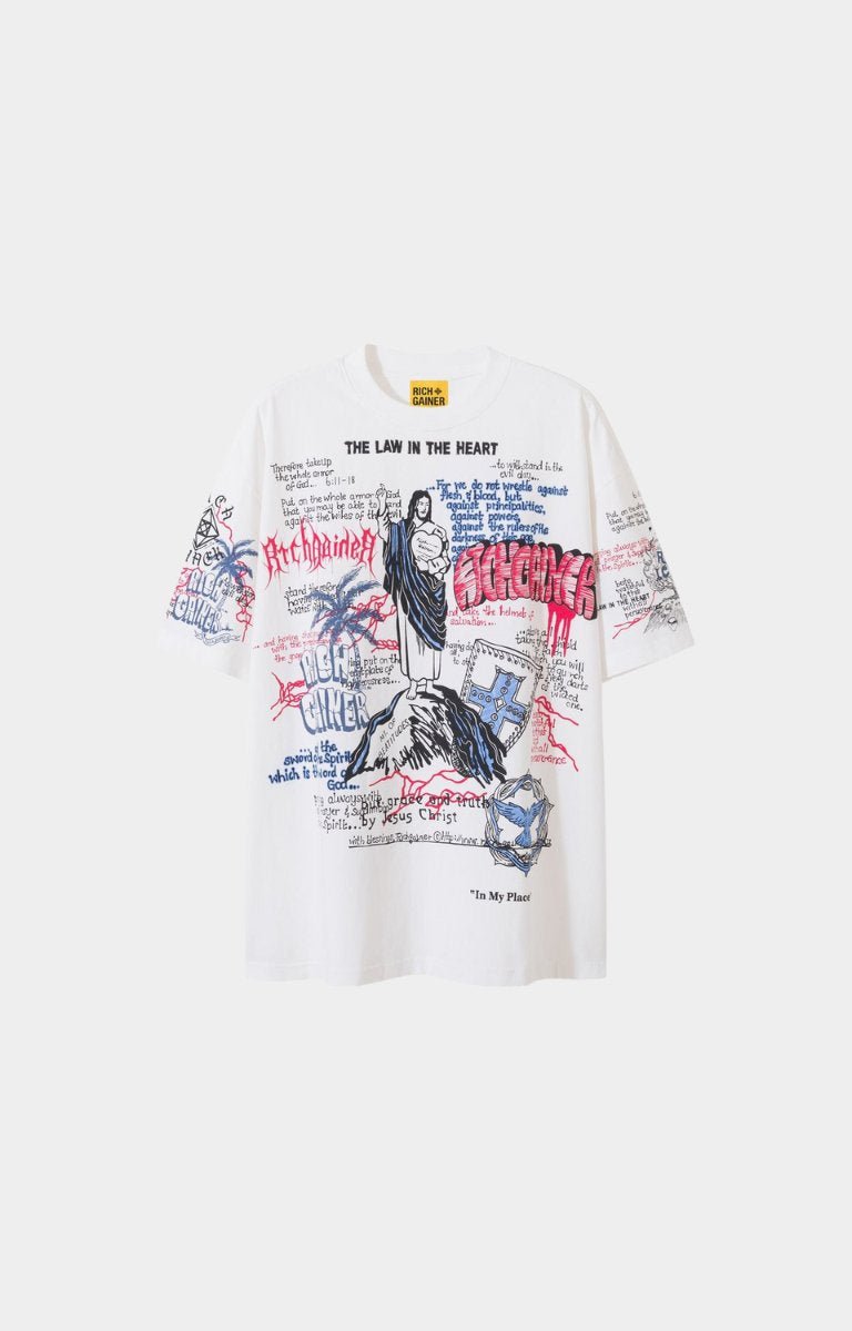 Clean front view of Rich Gainer white oversized t-shirt