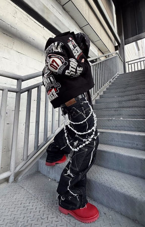 Side profile of RICHGAINER Champion bomber jacket.