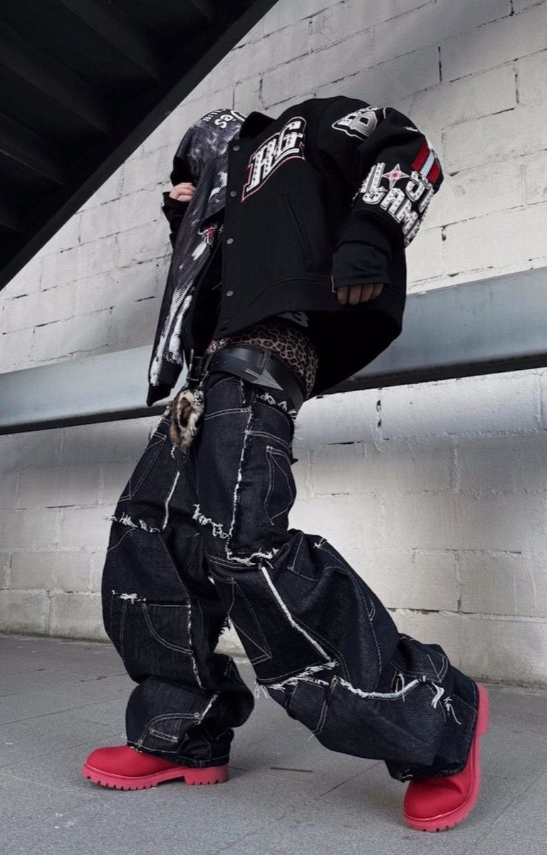 Ribbed cuffs and hem on RICHGAINER baseball bomber jacket.