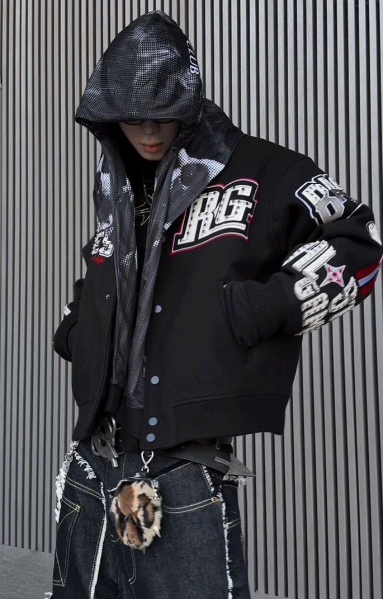 RICHGAINER Champion baseball bomber jacket front view.