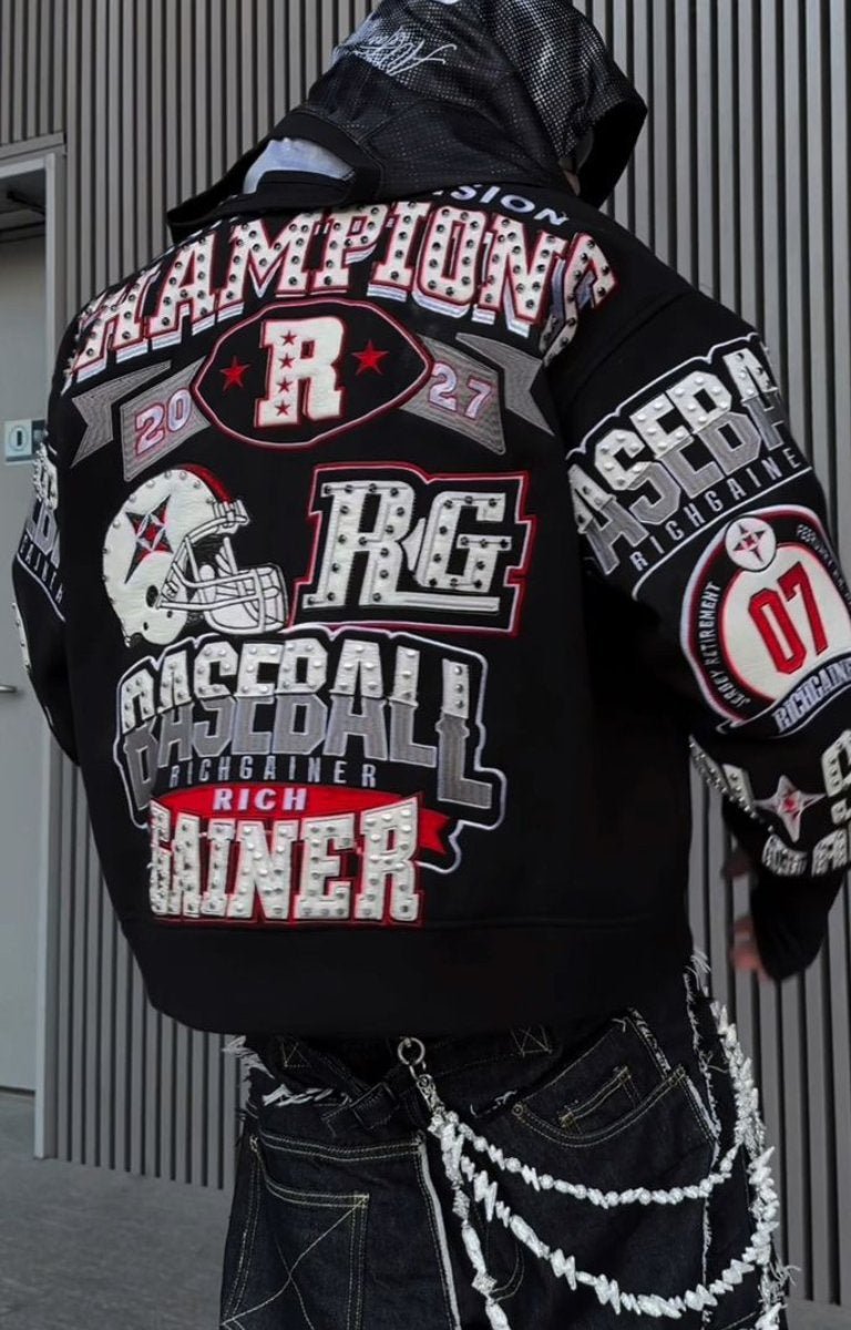 Back view of RICHGAINER Champion baseball bomber jacket.