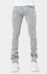 Front view of Smoke Grey Distressed Cross Denim stacked skinny jeans.