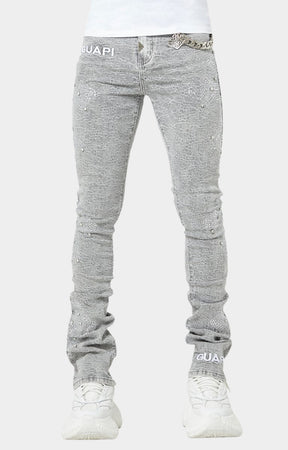 Front view of Smoke Grey Distressed Cross Denim stacked skinny jeans.