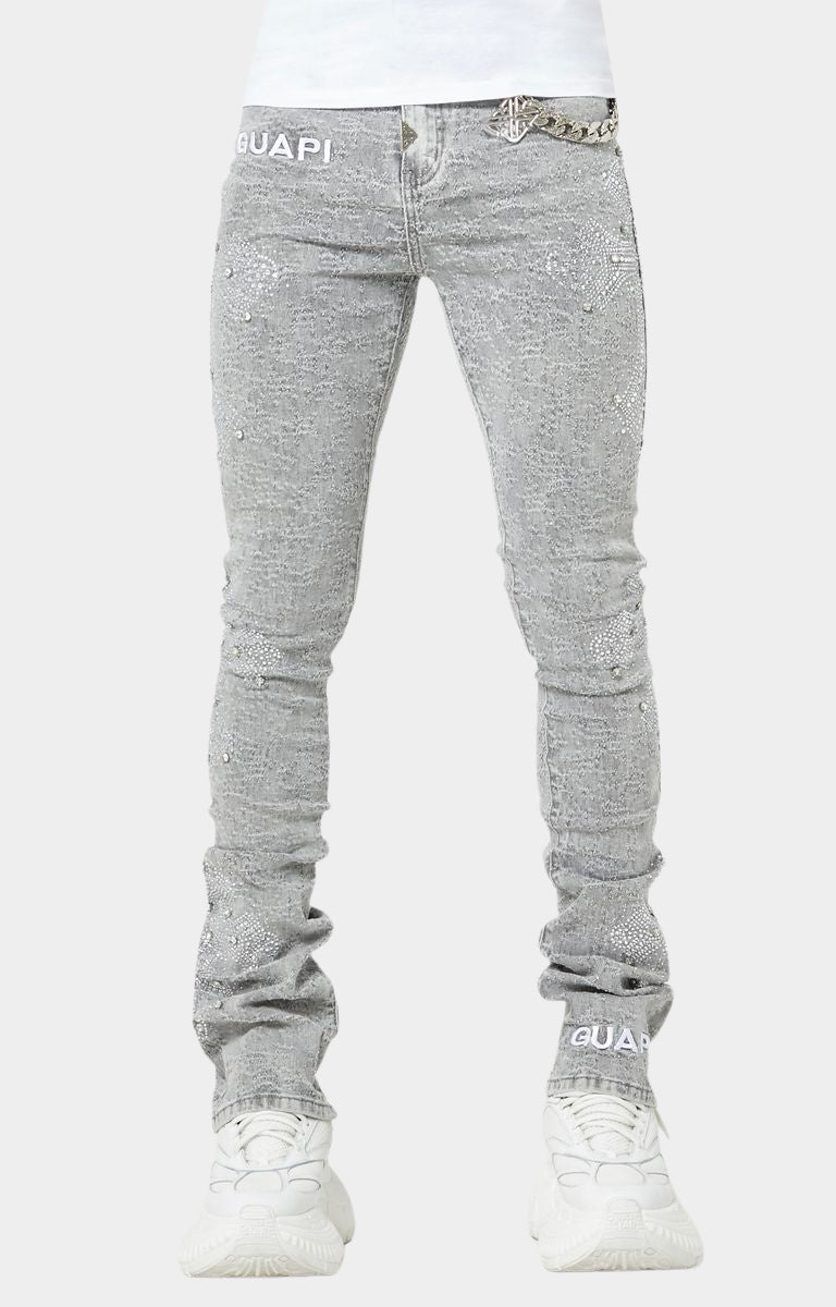 Front view of Smoke Grey Distressed Cross Denim stacked skinny jeans.