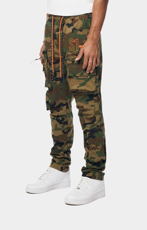 Smoke Rise Wood Camo cargo pants with utility pockets.