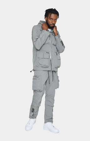 Smoke Rise grey cargo pants with adjustable drawstring waist.