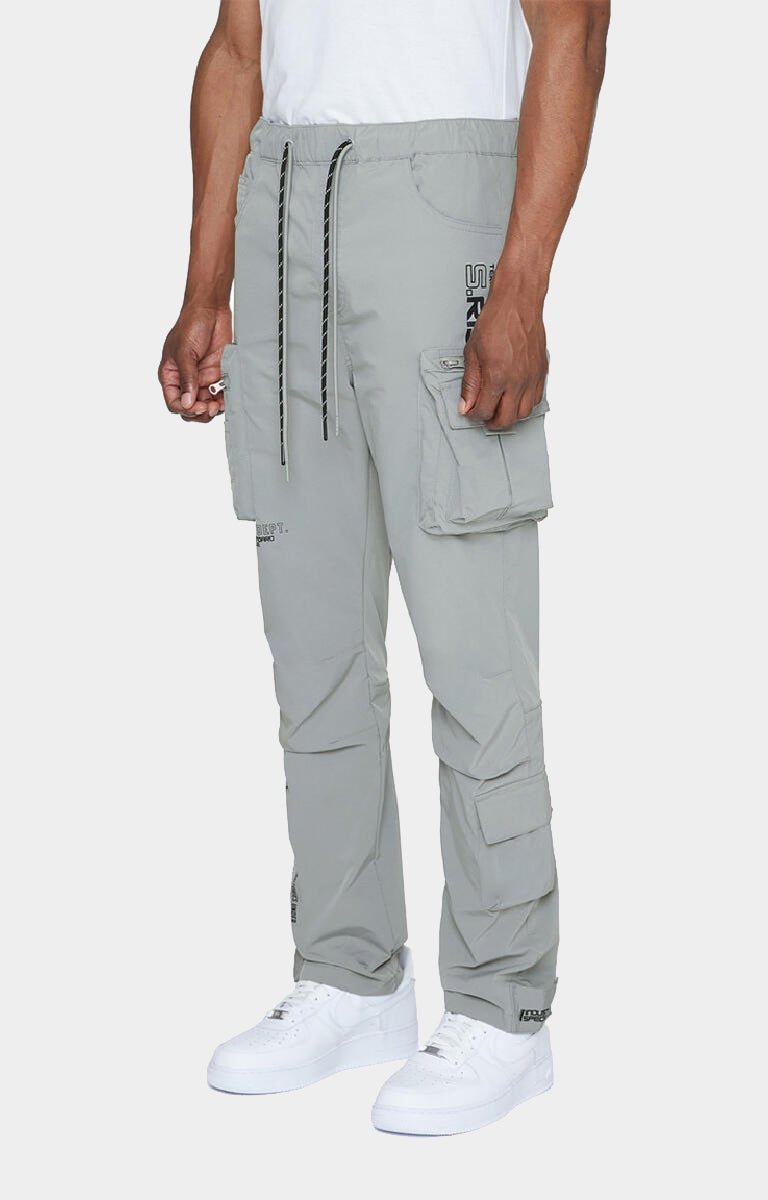 Close-up of cargo pocket detailing on Smoke Rise grey utility pants.