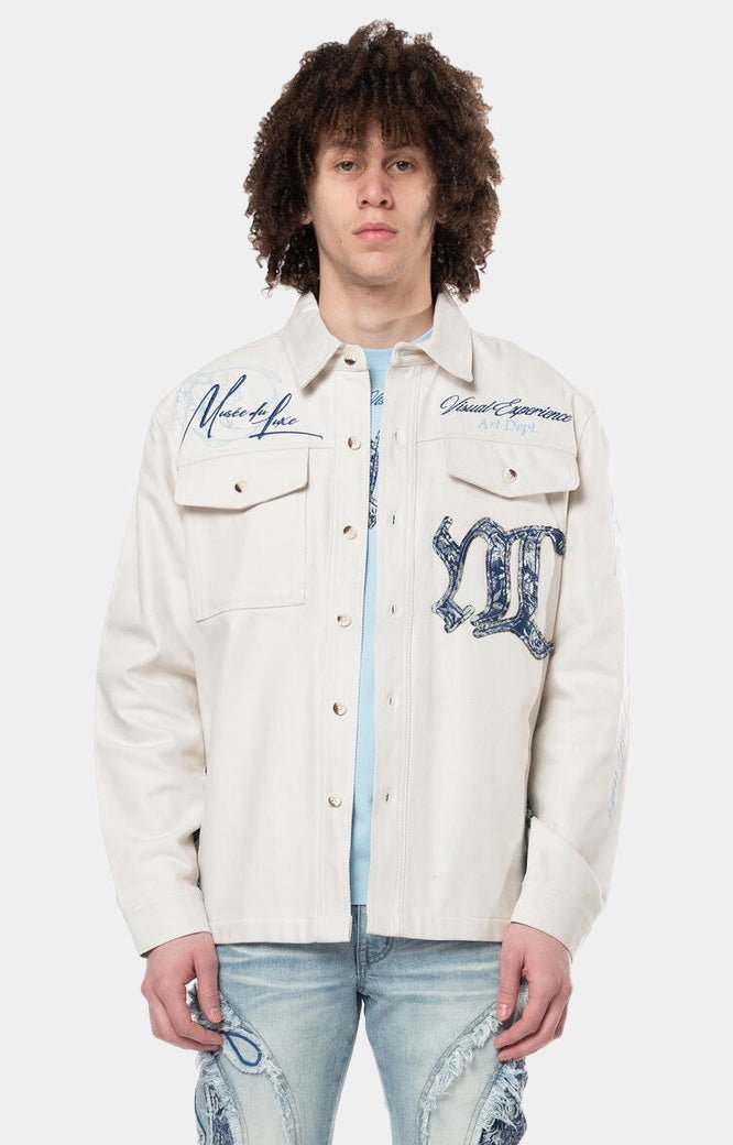 Smoke Rise white tapestry embroidered over shirt front view.