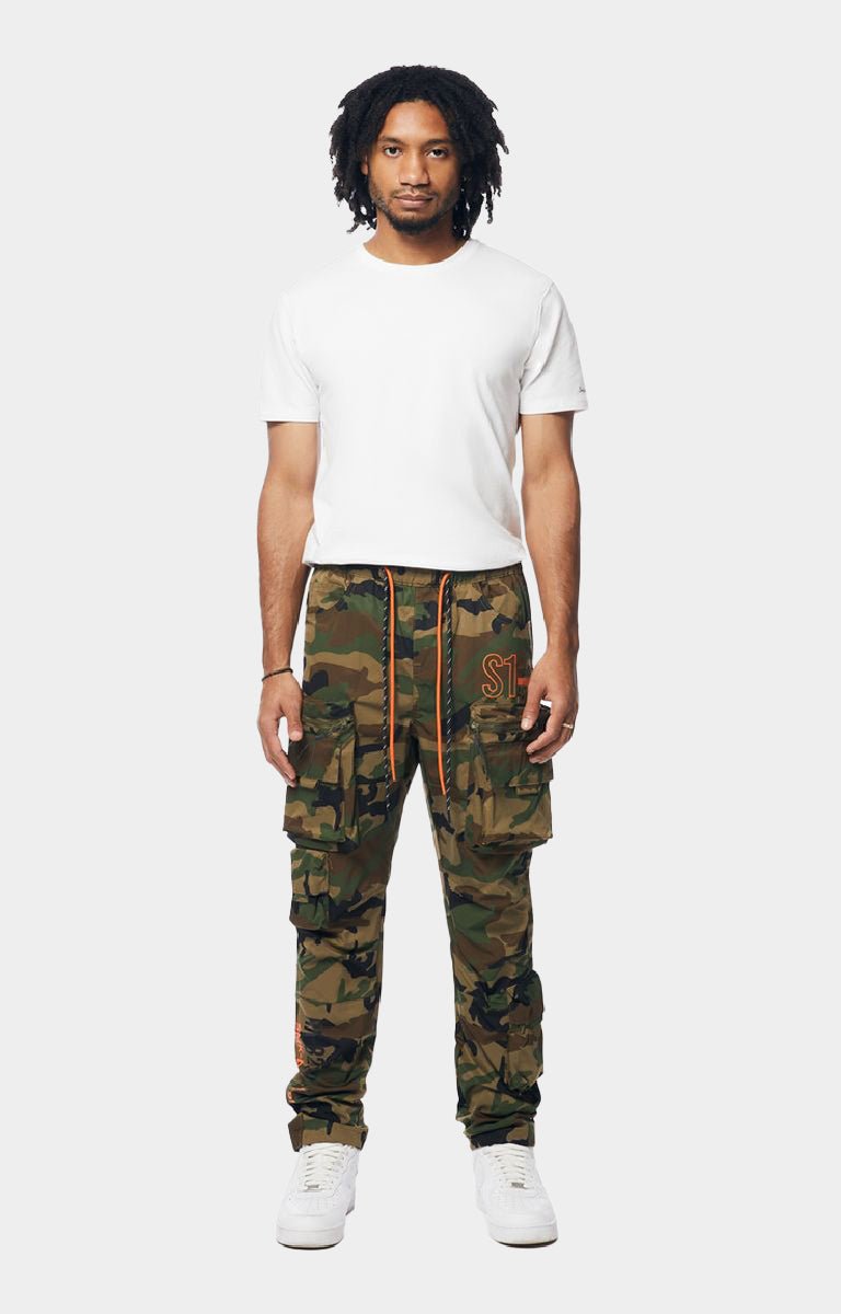 Smoke Rise Wood Camo cargo pants front view.