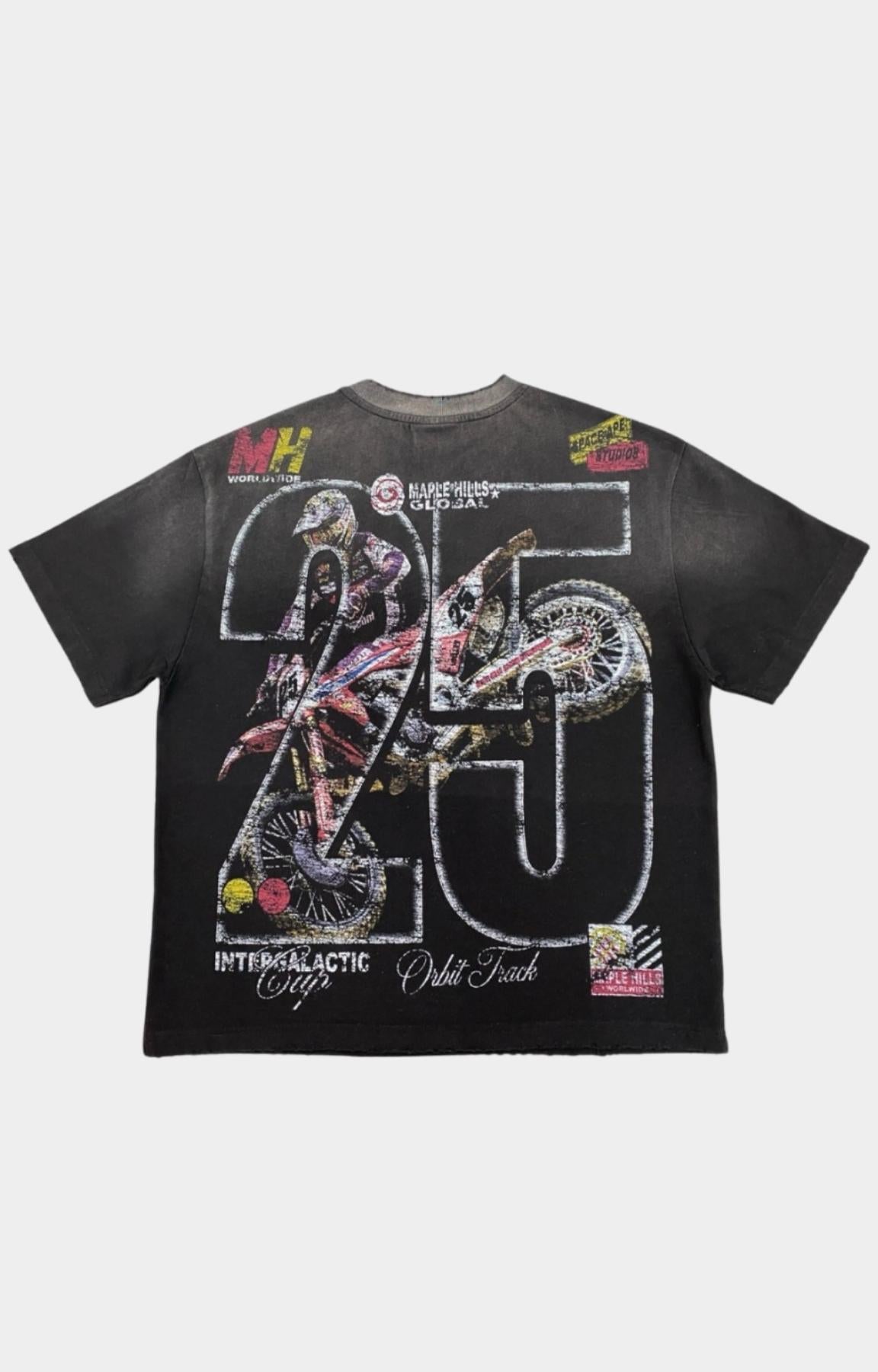 Space Ape black short-sleeve graphic t-shirt featuring a motocross rider and bike design with the number 25, back view. 
