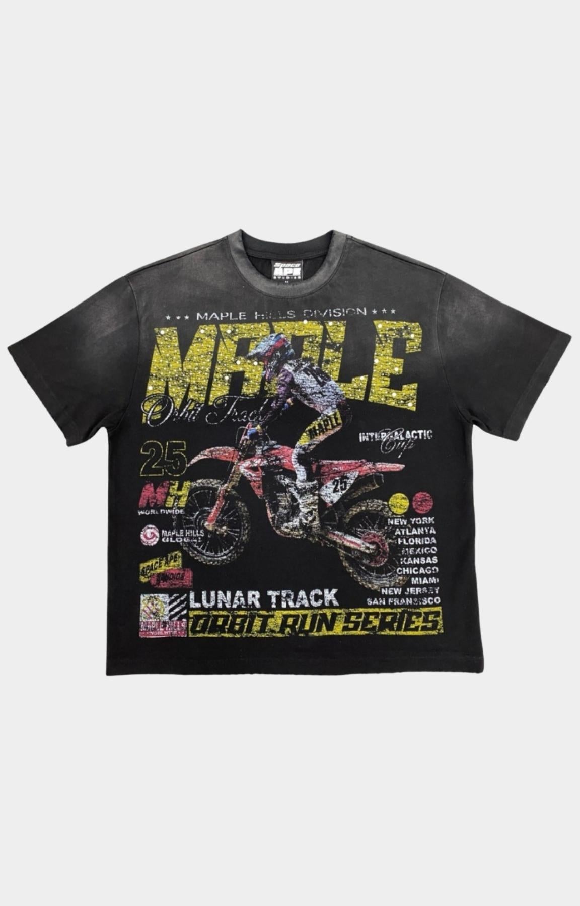 Space Ape MH Dirt Bike oversized  graphic t shirt in black front view.
