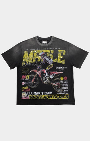 Space Ape MH Dirt Bike oversized  graphic t shirt in black front view.