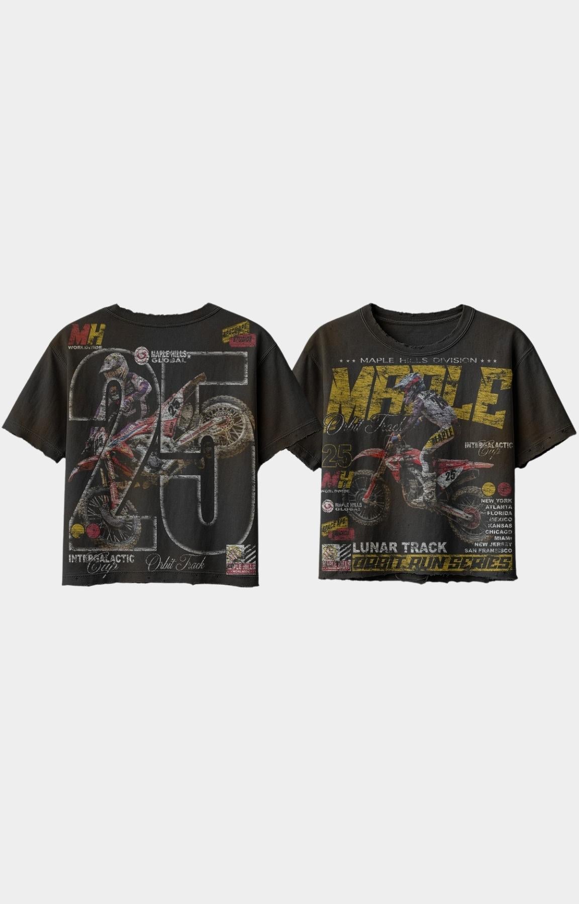 Space Ape Studios presents black short-sleeve graphic T-shirt shown from both front and back views. The shirt features a motorcycle racer design with the number 25, 'MAPLE' text, and a motorcycle illustration.