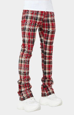 Guapi Blood Red Embellished Flannel Pants – Stacked Skinny with Rhinestones & Distressed Details