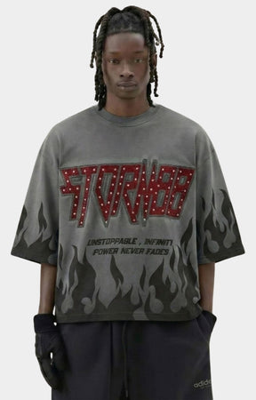 Front view of Storm88 DANOR Oversized Crop Tee Grey.