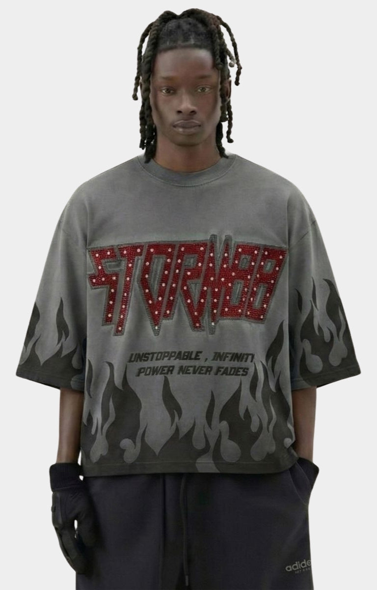 Front view of Storm88 DANOR Oversized Crop Tee Grey.