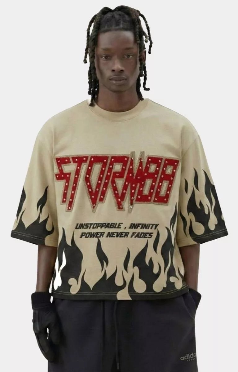 Storm88 HANIX khaki washed cropped tee front view oversized fit.