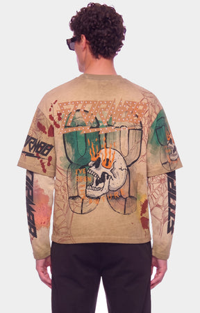 STORM88 HOKES Washed Long Sleeve Graphic Tee - Khaki
