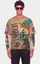 STORM88 HOKES Washed Long Sleeve Tee in Khaki, made from 280 GSM 100% cotton S/N jersey with a vintage wash, layered thermal sleeves, graphic artwork, stone detailing and pearl stone embellishments.