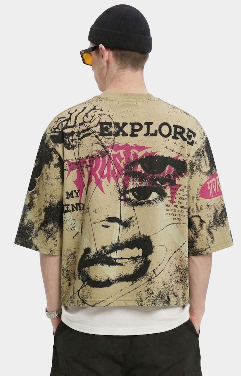 Back view cream oversized cropped streetwear T-shirt.