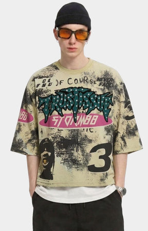 Storm88 HOZEN cream oversized crop tee front view.