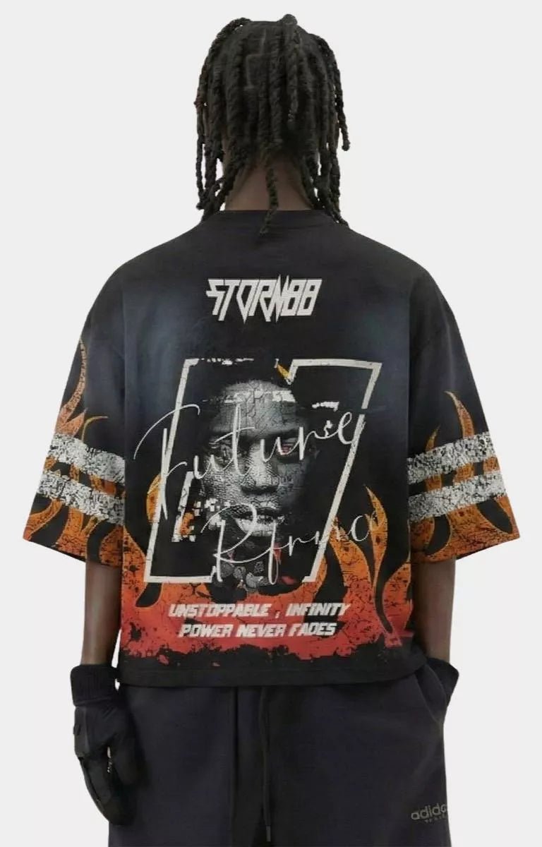 Back view of Storm88 KAN black streetwear cropped t shirt.