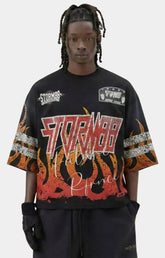 Storm88 KAN black washed cropped tee front view oversized fit.