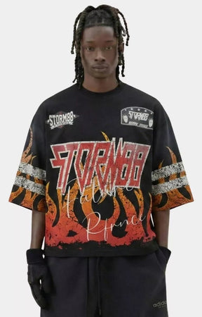 Storm88 KAN black washed cropped tee front view oversized fit.