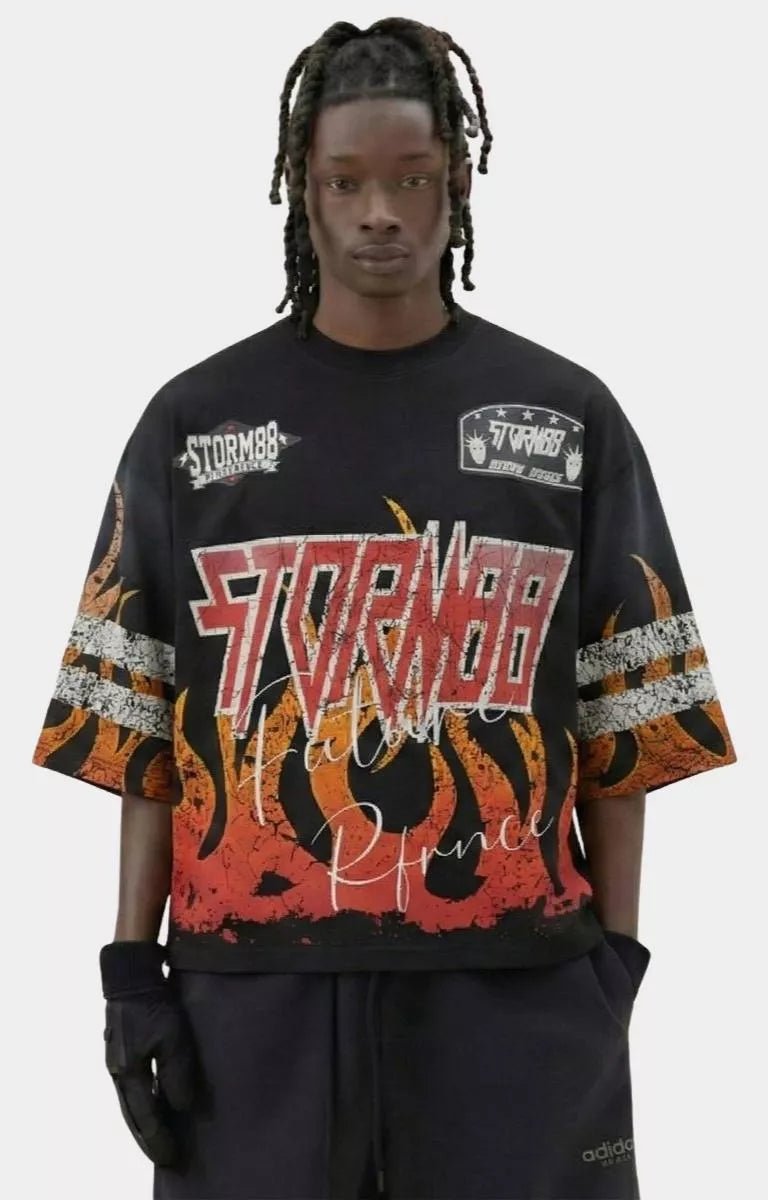 Storm88 KAN black washed cropped tee front view oversized fit.
