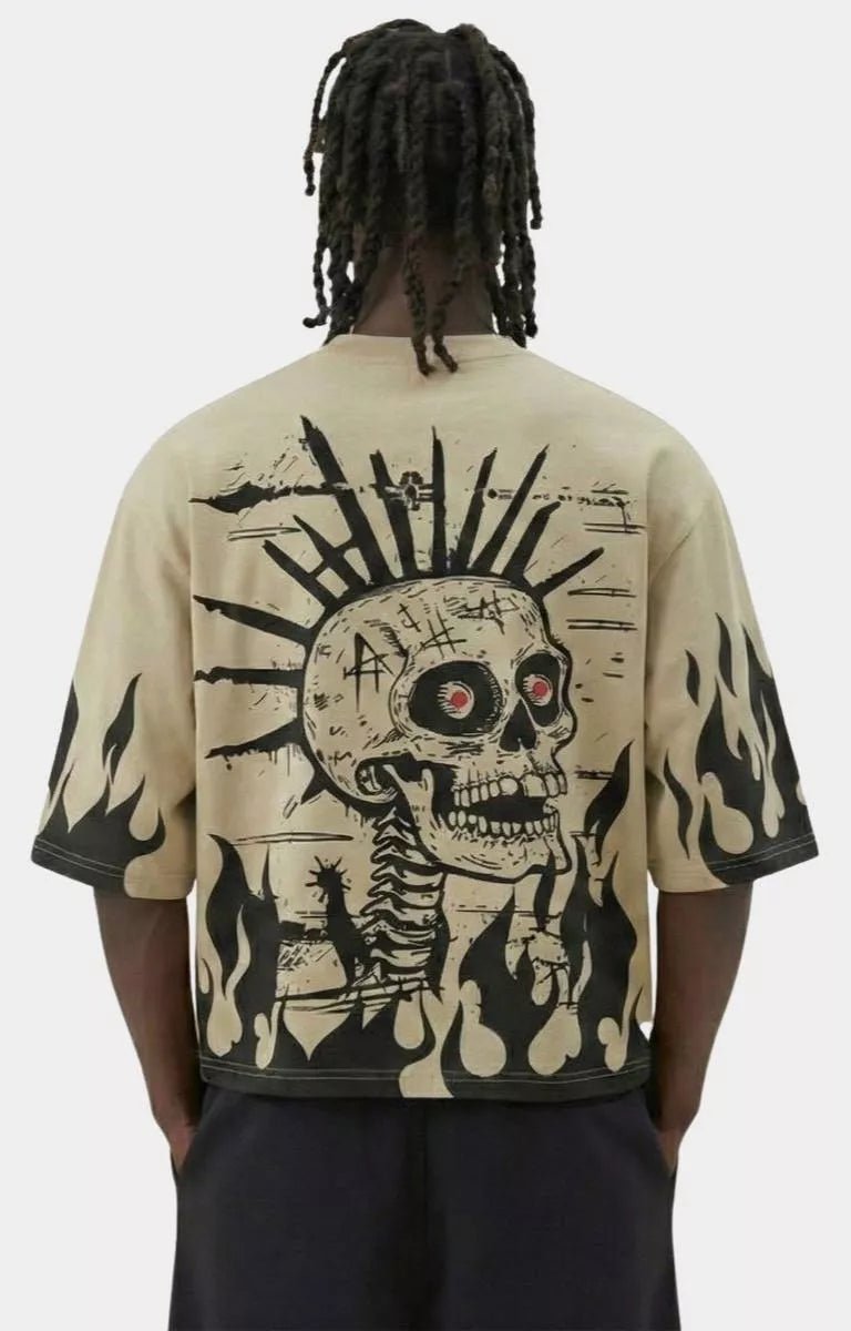 Back view of Storm88 HANIX khaki streetwear cropped t shirt.