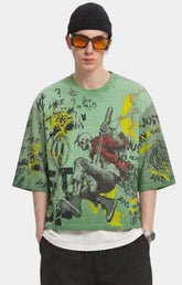 Storm88 KORA teal washed cropped tee front view oversized fit.
