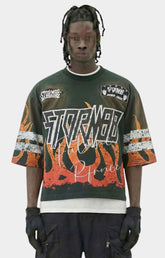 Front view of Storm88 MORI Oversized Crop Tee Dark Olive.