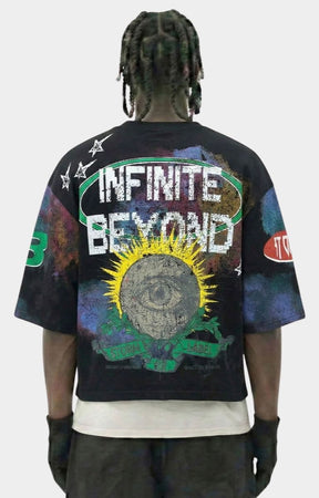 Back view black oversized cropped streetwear T-shirt.
