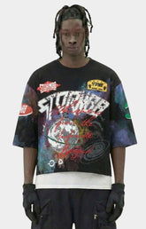 Storm88 MUKA black oversized cropped tee front view. 