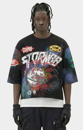 Storm88 MUKA black oversized cropped tee front view. 