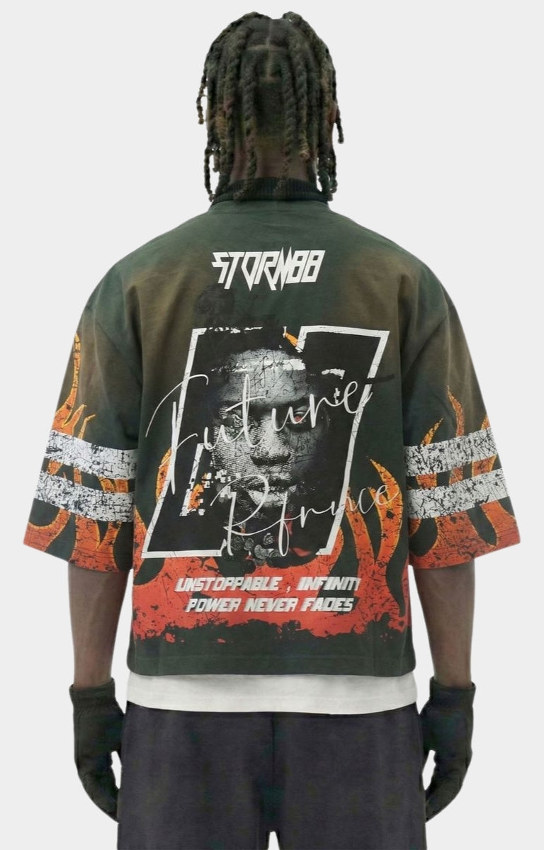 Back view of Storm88 oversized dark olive crop tee