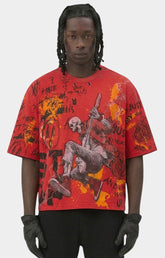 Storm88 RAI red oversized cropped T-shirt front view.