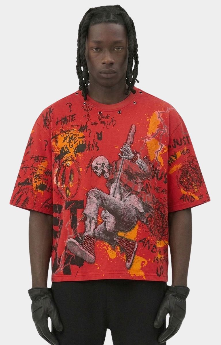 Storm88 RAI red oversized cropped T-shirt front view.