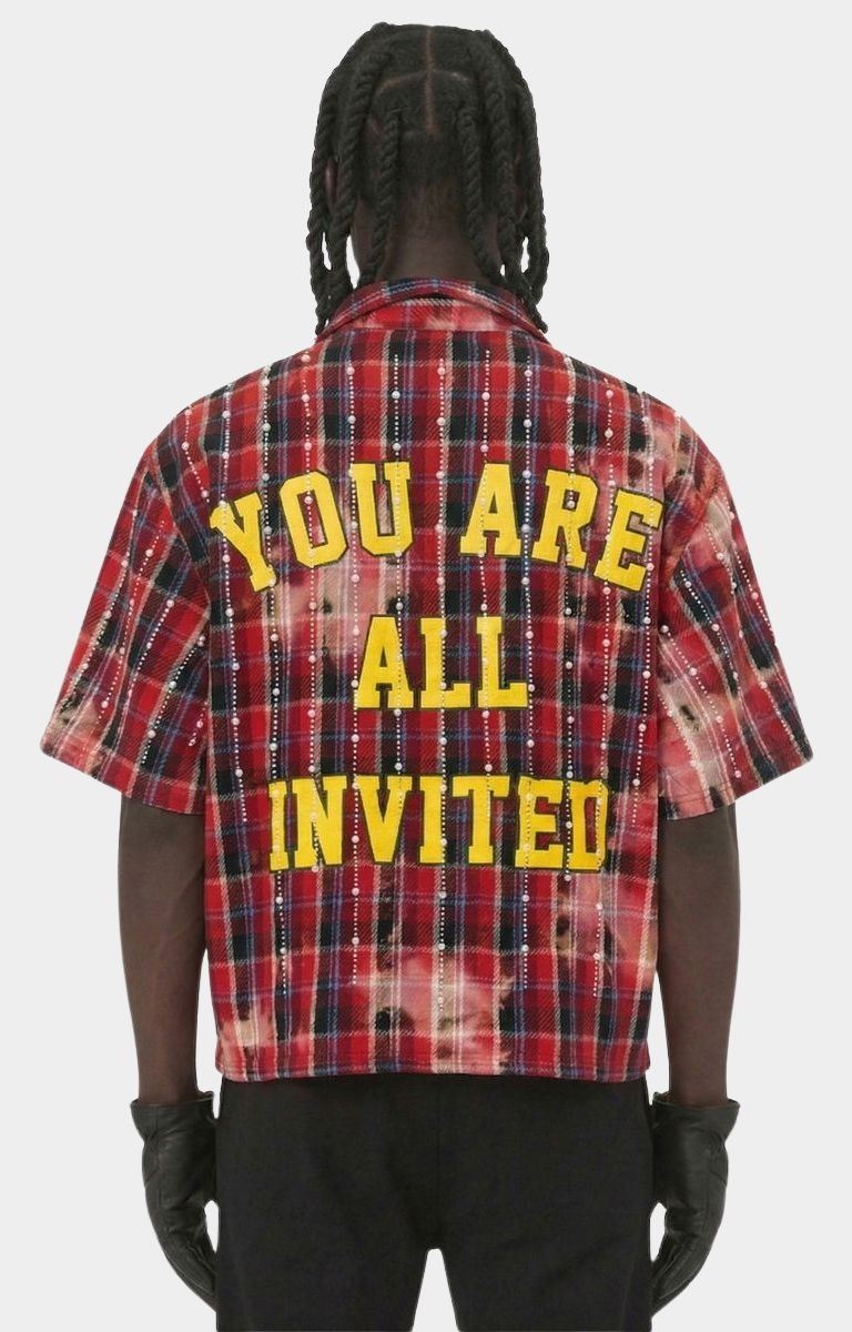 Back view of CAMAC red combo crop shirt streetwear. 