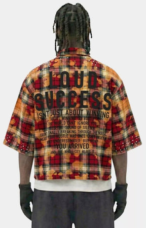 Back view of Storm88 KAEN red oversized button down shirt.