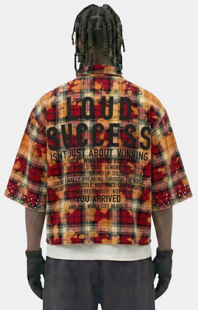 Back view of Storm88 KAEN red oversized button down shirt.
