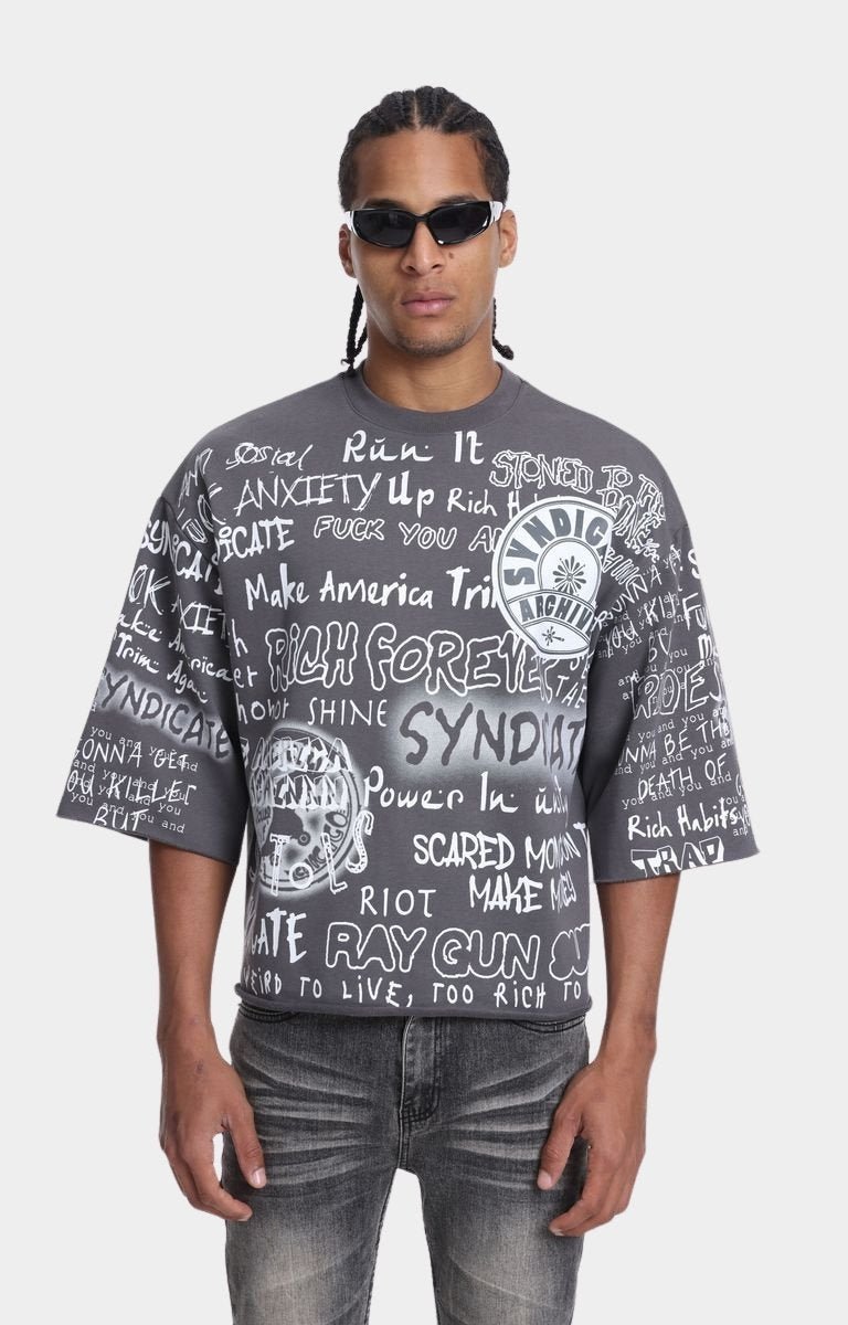 Syndicate 16 Cropped T-Shirt Wolf Grey front view with graphic print.